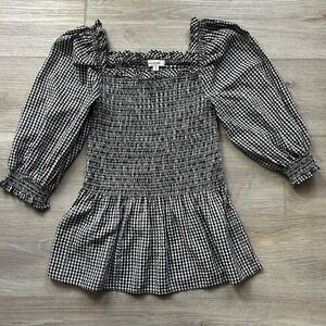 MAX STUDIO Top Smocked Black Gingham Plaid 3/4 Puff Sleeve Ruffle Cotton Size‎ S